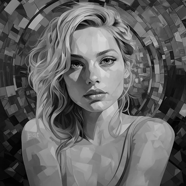 Black and white version of All of Me, a modern wall art portrait that intersects raw beauty and cubist abstraction, bringing elegance to any space.