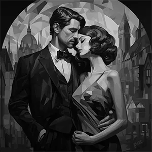 Black and white version of Cubist Heartbeats, a modern wall art piece that blends Roaring ‘20s elegance with cubist artistry in a romantic portrait of a couple.