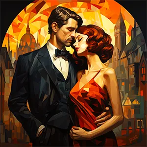 Cubist Heartbeats blends Roaring ‘20s elegance with cubist artistry in a romantic portrait of a couple, offering vibrant, timeless wall art with nostalgic charm.