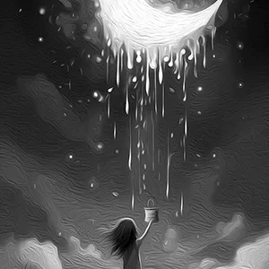 Black and white version of Dripping Moon portraying a young girl’s encounter with a melting moon, making it ideal wall art for lovers of fairy tales.