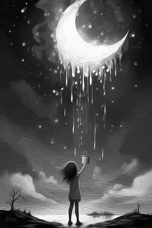 Black and white version of Dripping Moon portraying a young girl’s encounter with a melting moon, making it ideal wall art for lovers of fairy tales.