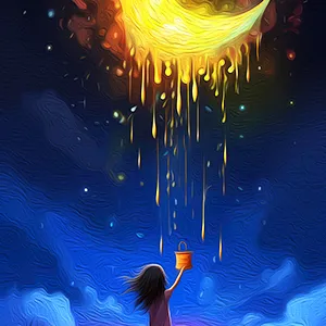 Dripping Moon portrays an encounter between a young girl and a melting moon, making it an enchanting piece of modern wall art for fairy tale fans.