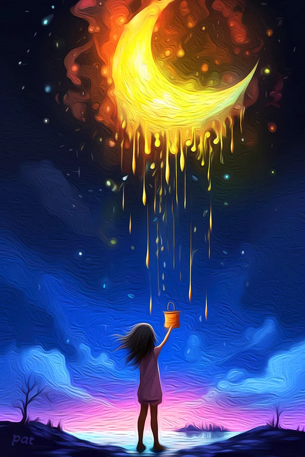 Dripping Moon portrays an encounter between a young girl and a melting moon, making it an enchanting piece of modern wall art for fairy tale fans.