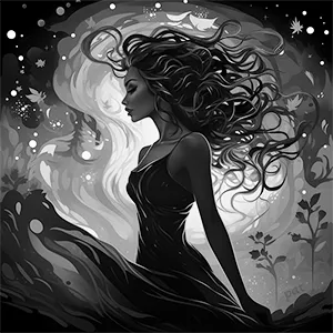 Black and white version of Dusk’s Elegance, modern wall art that unveils a beautiful woman at dusk, whose backdrop appears to be responsive to her movement, as if liquefied by her elegance.