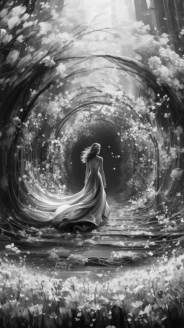 Black and white version of Fall’s Spiral Serenade, a modern wall art piece depicting a woman in a long dress gracefully walking through an enchanted corridor woven by nature itself.