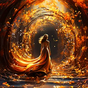 Fall’s Spiral Serenade lies in the heart of a forest where a woman in a long dress gracefully walks through an enchanted corridor woven by nature itself.