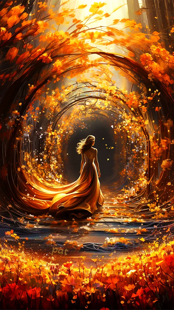 Fall’s Spiral Serenade lies in the heart of a forest where a woman in a long dress gracefully walks through an enchanted corridor woven by nature itself.