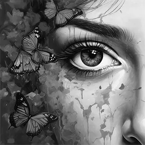 Black and white version of Flutters, a modern wall art piece that mesmerizes with a close-up portrayal of a woman’s cerulean eye, surrounded by delicate butterflies.