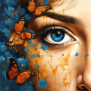 Flutters mesmerizes with a close-up portrayal of a woman’s cerulean eye, surrounded by delicate butterflies. It is modern wall art that creates a captivating focal point in any room.