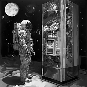 Black and white version of Galactic Vending, a modern wall art piece in which an astronaut faces a surreal choice: Starlight Strawberry or Cherry Coke?