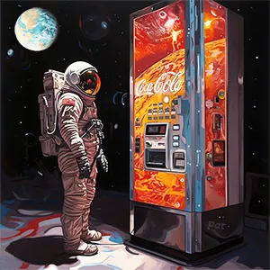 In Galactic Vending an astronaut faces a surreal choice: Starlight Strawberry or Cherry Coke? A stellar piece of modern wall art with a whimsical touch.