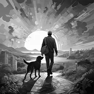 Black and white version of Hilltop Horizons, a modern wall art piece that captures a serene moment atop a hill, where a man and his dog admire a charming cityscape blanketed by a mesmerizing sunset.