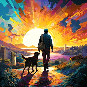 Hilltop Horizons captures a serene moment atop a hill, where a man and his dog admire a charming cityscape blanketed by a mesmerizing sunset.