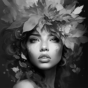 Black and white version of Jungle Dreams, a modern wall art portrait of a beautiful woman with face paint and a colorful headdress against a deep green backdrop.