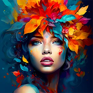 Jungle Dreams celebrates a woman’s grace against a deep green backdrop, with her face painted and her head adorned with colorful soft petals and feathers.