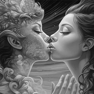 Black and white version of Love Awakening, a modern wall art piece that captures a moment of intimacy between a woman and her own psychedelic mirage.