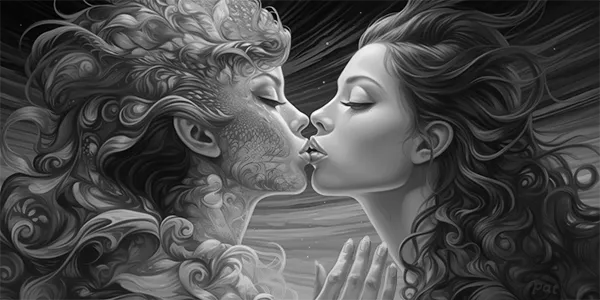 Black and white version of Love Awakening, a modern wall art piece that captures a moment of intimacy between a woman and her own psychedelic mirage.