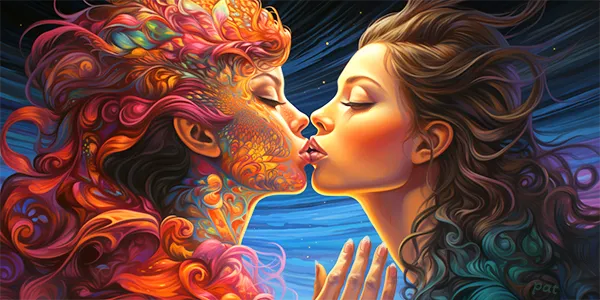Love Awakening captures a moment of intense intimacy between a woman and her own psychedelic mirage, ideal for those seeking vibrant modern wall art.