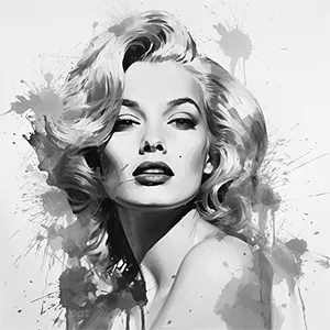 Black and white version of Marilyn, a modern wall art piece that captures the enigma of Marilyn Monroe in a striking portrait with symbolic flourishes.