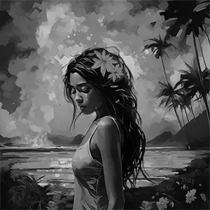 Black and white version of Maui’s Mourning, a meaningful piece of modern wall depicting a Hawaiian girl marked by a single tear with flames behind her.