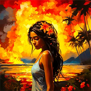Maui’s Mourning is a modern piece of wall art that captures the heartache of the destruction of Maui, depicting a Hawaiian girl marked by a single tear with flames behind her.