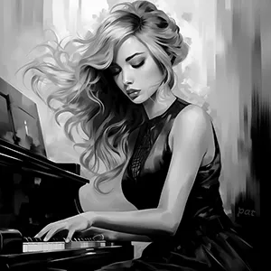 Black and white version of Melodies of Monochromacity, a compelling modern wall art piece that depicts a young woman in a black dress passionately playing the piano.