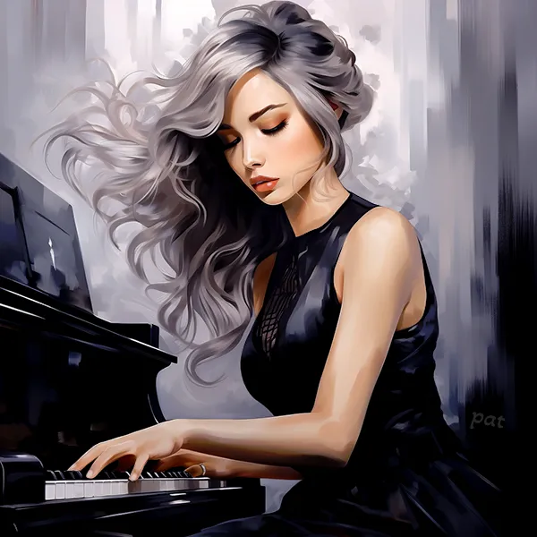 Melodies of Monochromacity, a compelling piece of modern wall art, depicts a young woman in a black dress passionately playing the piano.