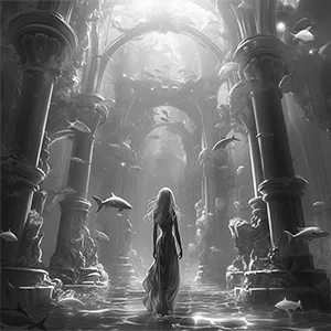 Black and white version of Memories of Atlantis, a modern wall art piece that depicts an elegant woman in the heart of an underwater palace.