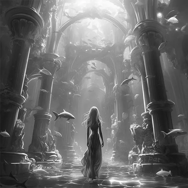 Black and white version of Memories of Atlantis, a modern wall art piece that depicts an elegant woman in the heart of an underwater palace.