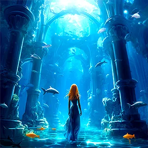 Memories of Atlantis depicts an elegant woman in the heart of an underwater palace, serving as captivating modern wall art that adds a serene yet majestic touch to any room.