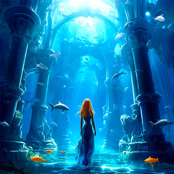 Memories of Atlantis depicts an elegant woman in the heart of an underwater palace, serving as captivating modern wall art that adds a serene yet majestic touch to any room.