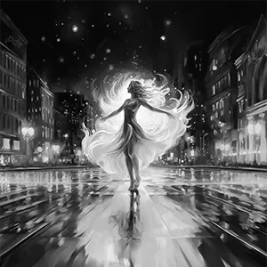 Black and white version of Metropolis Twirl, a wall art piece that captures a moment of exuberant freedom, where a young woman dances on a wet city street.