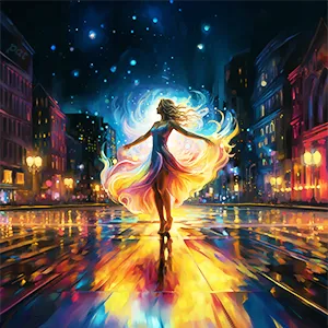 Metropolis Twirl, a captivating piece of modern wall art, captures a moment of exuberant freedom, where a young woman dances on a wet city street.