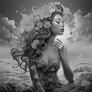 Black and white version of Siren’s Bloom, a modern wall art piece that captures a stunning mermaid amidst the ocean’s embrace.