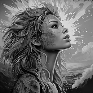 Black and white version of Sunlit Reverie, a modern wall art piece that captures a beautiful woman gazing upward as she is enveloped by the glow of a radiant sun.