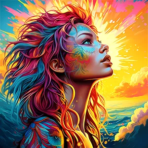 Sunlit Reverie captures a beautiful woman gazing upward as she is enveloped by the glow of a radiant sun. Modern wall art that adds a warm, yet awe-inspiring presence to any room.
