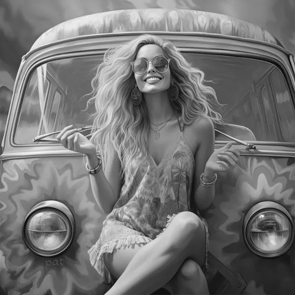 Black and white version of Tie-Dye Takeover, a modern wall art portrait that depicts a radiant blonde woman with a wide smile sitting cross-legged in front of a VW bus with a trippy paint job.