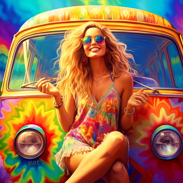 In Tie-Dye Takeover, a radiant blonde woman with a wide smile embodies a generation’s pursuit of peace and happiness in a whirlwind of color, sitting cross-legged in front of a VW bus with a trippy paint job.