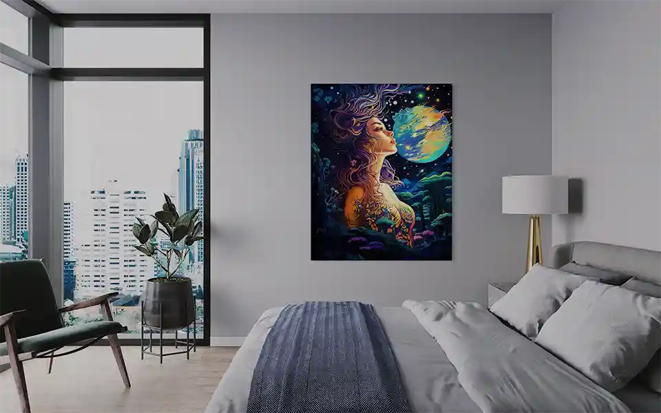 Wild Moon, a digital artwork by Patrick Reiner, displayed as an acrylic print in a stylish modern bedroom.
