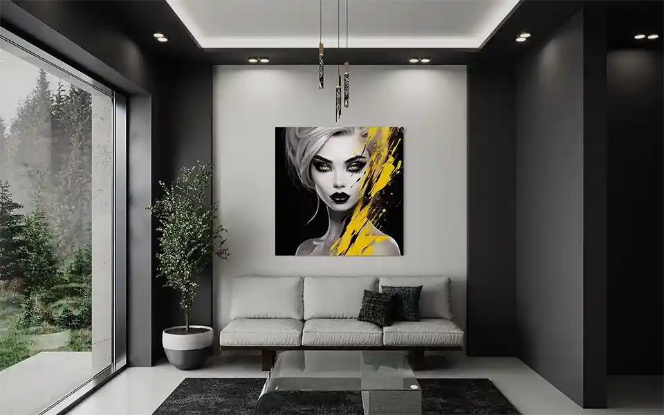 Black Cat's Stare, a digital artwork by Patrick Reiner, displayed as an acrylic print in a stylish modern living room.