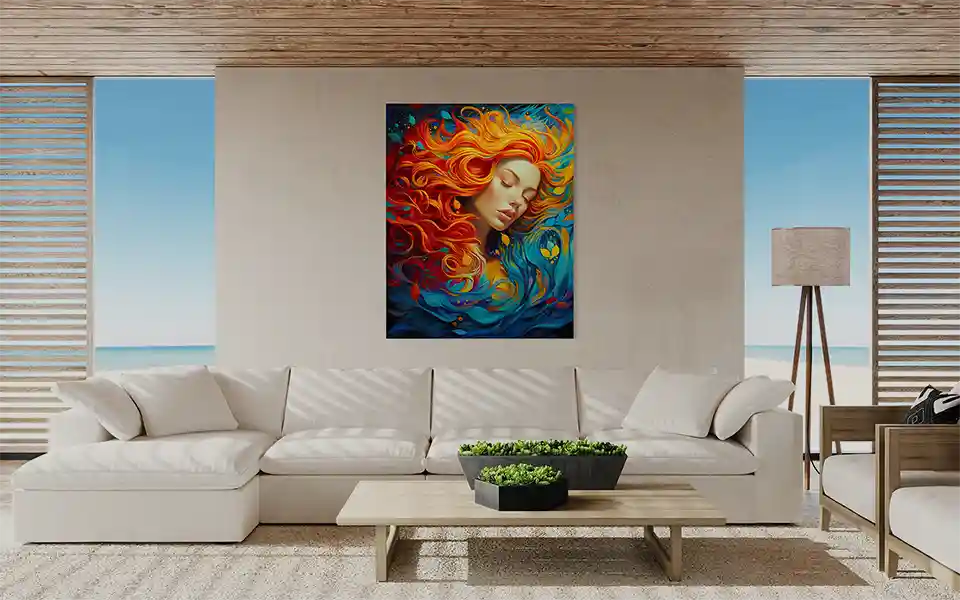 Coral Dreams, a digital artwork by Patrick Reiner, displayed as a metal print in a stylish modern living room.