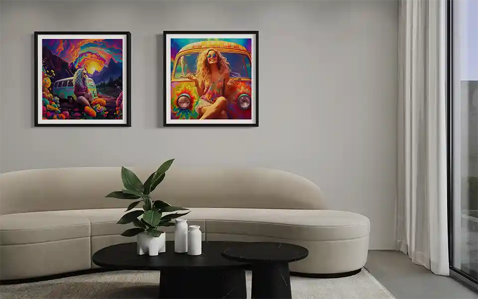 Say Hi to the Sky, and Tie-Dye Takeover, two digital artworks by Patrick Reiner, displayed as framed prints in a stylish modern living room.