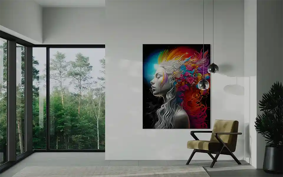 Chromatic Awakening, a digital artwork by Patrick Reiner, displayed as an acrylic print in a stylish modern patio room.